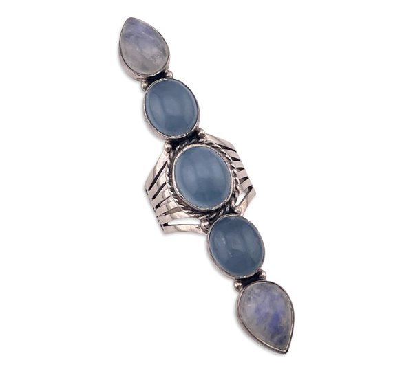 size 8 sterling silver 2-7/8" long blue quartz rainbow moonstone ring