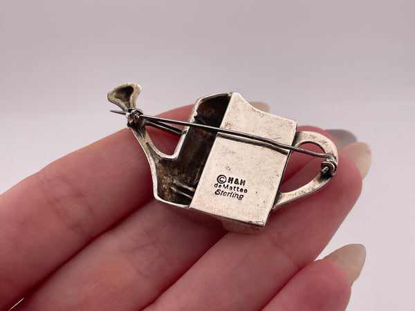 sterling silver watering can posy flower holder pin brooch