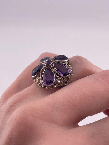 size 6.5 sterling silver faceted amethyst flower squiggle swirl ring