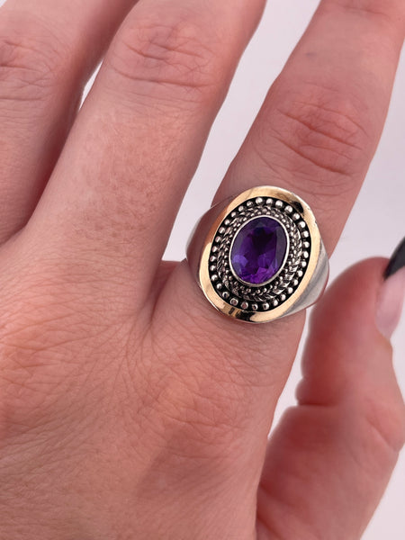 size 7.75 sterling silver & 18k gold faceted amethyst ring