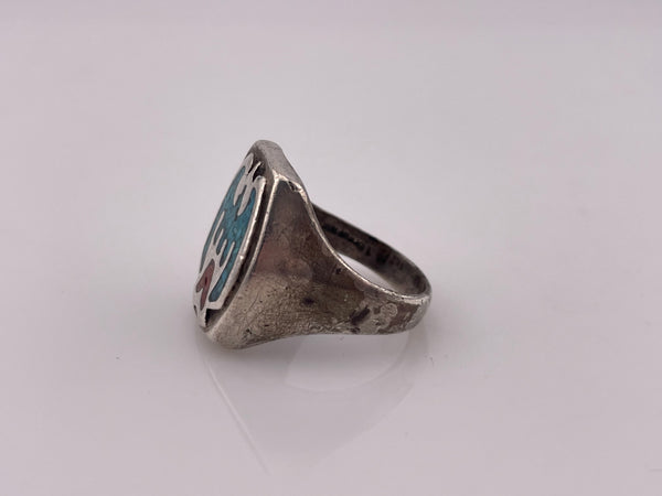 size 10 sterling silver crushed turquoise & coral peyote bird ring