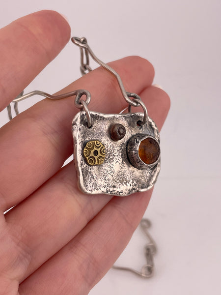 sterling silver, brass, & copper artisan Sherry Tinsman amber necklace
