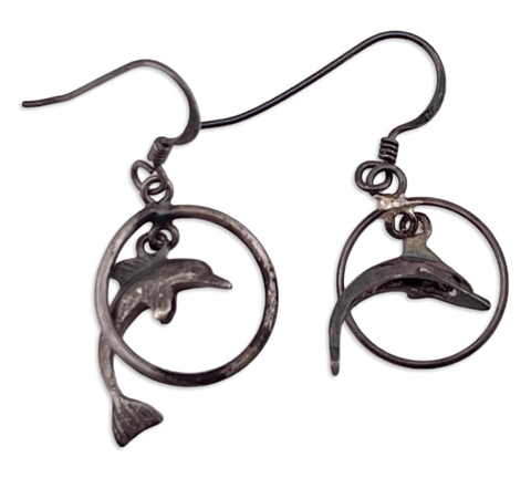 sterling silver dolphin hoops hook dangle earrings