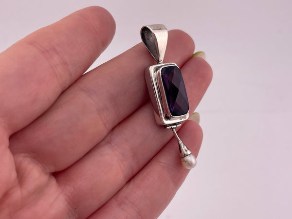 sterling silver faceted amethyst pearl pendant