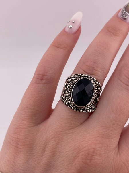 size 7.75 sterling silver faceted black glass ring