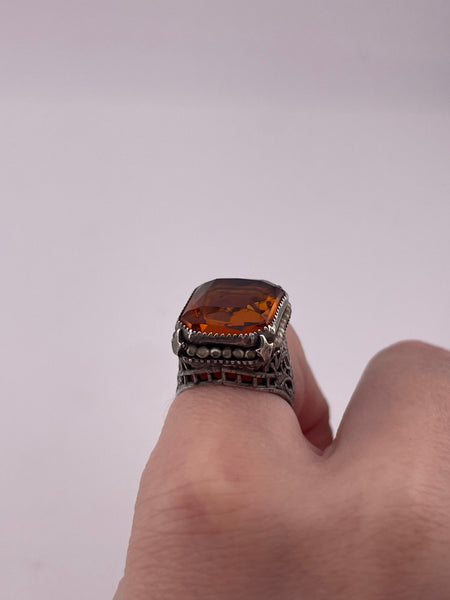 size 3.75 sterling silver faceted orange glass faux pearl ring ***AS IS***