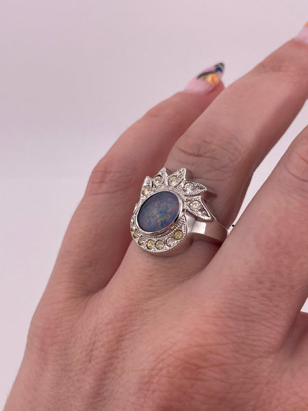 size 7 sterling silver rhodium plated opal triplet rhinestone ring
