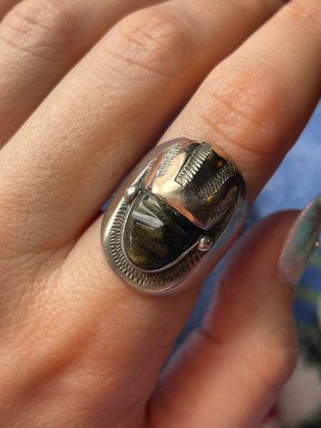 size 8.5 sterling silver gold wash carved gold flake obsidian ring