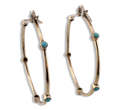 sterling silver gold plated synthetic turquoise 2" hoop earrings