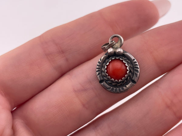 sterling silver round coral pendant