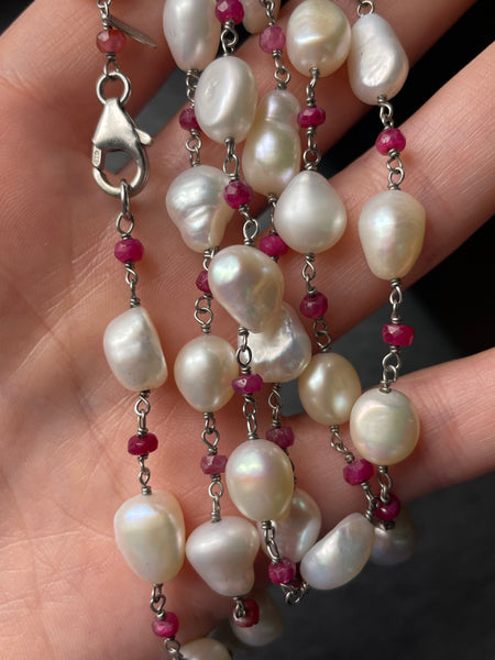 sterling silver 37" pearl faceted spinel necklace