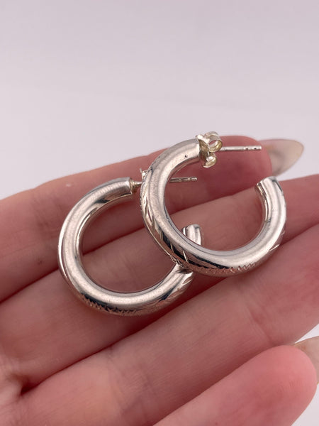 sterling silver 1" etched tube partial hoop post earrings
