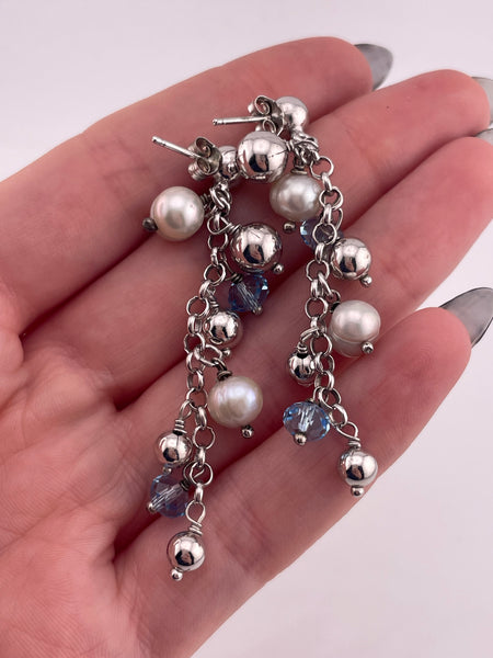sterling silver 2-1/4" pearl blue plastic bead chandelier post dangle earrings