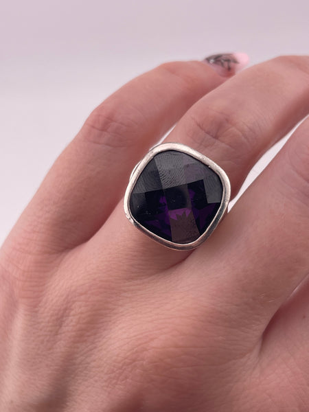 size 5.75 rhodium plated sterling silver & gold wash chunky faceted purple glass ring