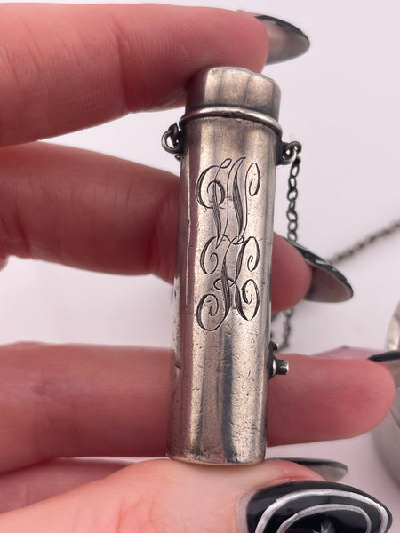 sterling silver antique chatelaine powder compact & lipstick holder **AS IS**