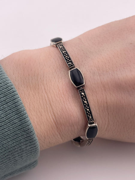 sterling silver 8" marcasite & synthetic onyx link bracelet