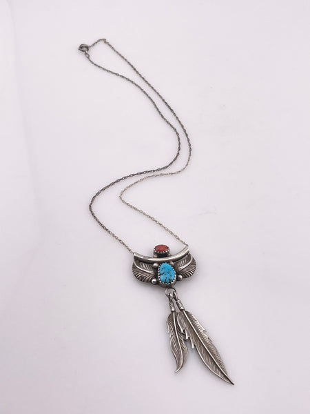 sterling silver 16-1/2" turquoise coral feather necklace