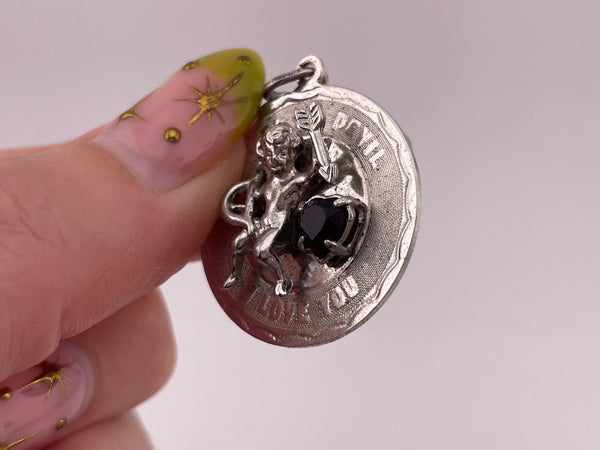 sterling silver rhodium plated "Angel of Devil I Love You" plastic heart pendant