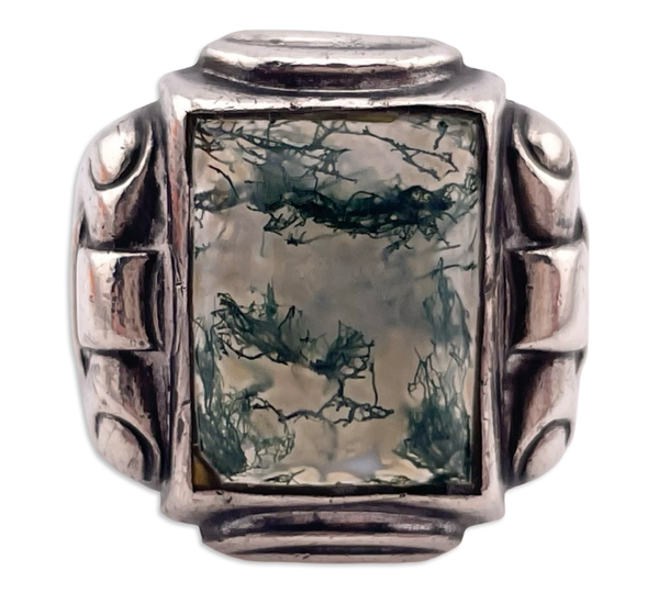 size 9.5 sterling silver Art Deco moss agate ring