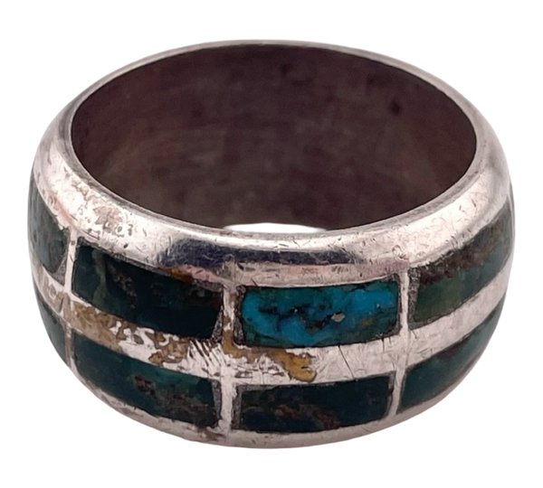 size 6.5 sterling silver chunky green turquoise inlay band ring