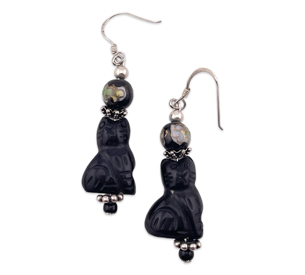 sterling silver carved cat bead dangle earrings