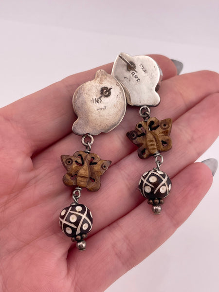 sterling silver & brass Amy Khan Russell carved synthetic material & wood butterfly post earrings