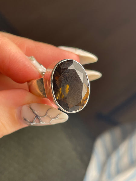 size 9 sterling silver chunky heavy faceted smokey quartz ring