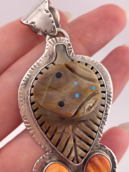 sterling silver large 3-3/8" frog turquoise jasper spiny oyster pendant