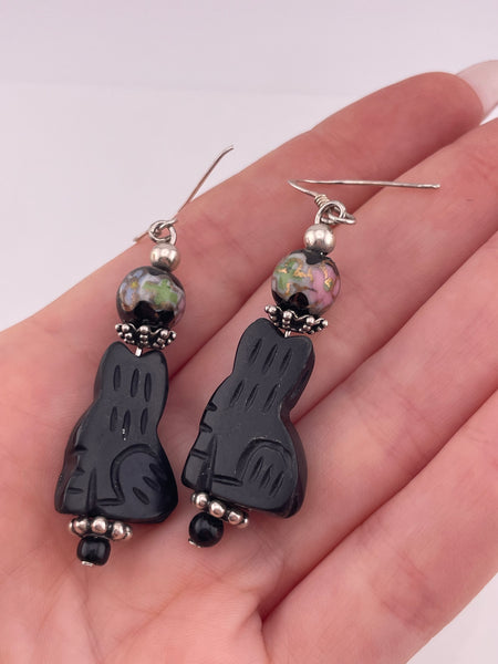 sterling silver carved cat bead dangle earrings