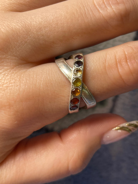 size 8.75 sterling silver faceted colorful multi-gemstone ring