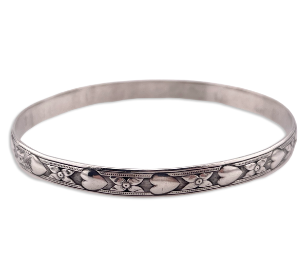 sterling silver 8" heart flower bangle bracelet