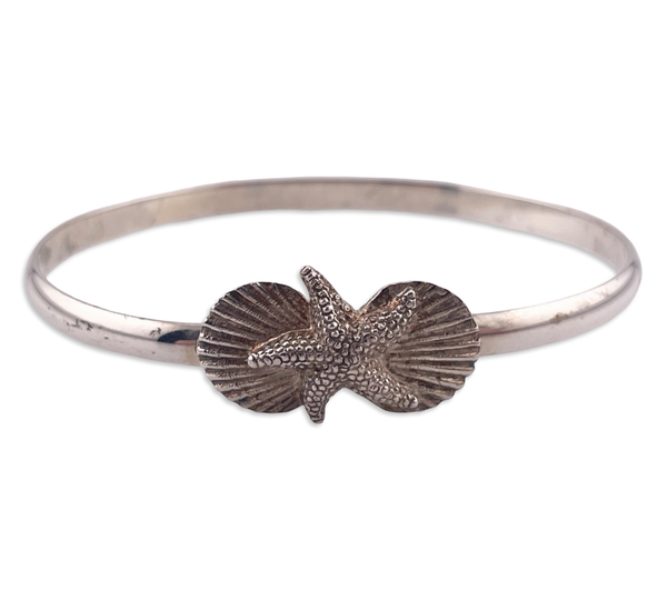 sterling silver 6-3/4" starfish seashell bangle bracelet