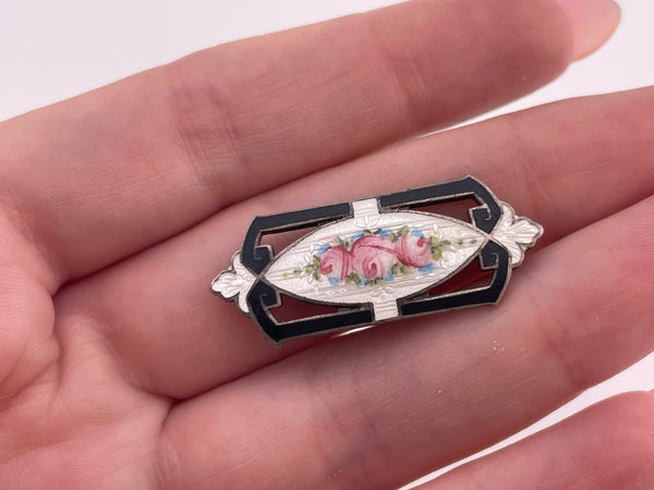 sterling silver painted flower enamel black border brooch pin ***AS IS***