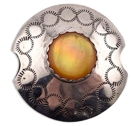 sterling silver round stamped mother of pearl w/ orange coloring pillowbead pendant