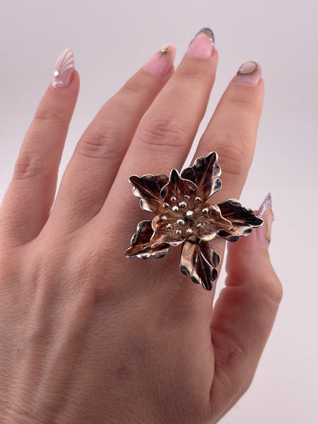 size 9.25 sterling silver flower stamped adjustable band ring