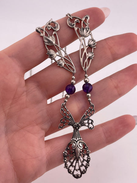 sterling silver 20" floral amethyst bead necklace