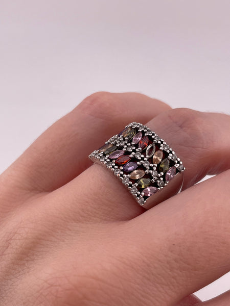 size 7 sterling silver rhodium plated faceted glass rhinestone ring ***AS IS***