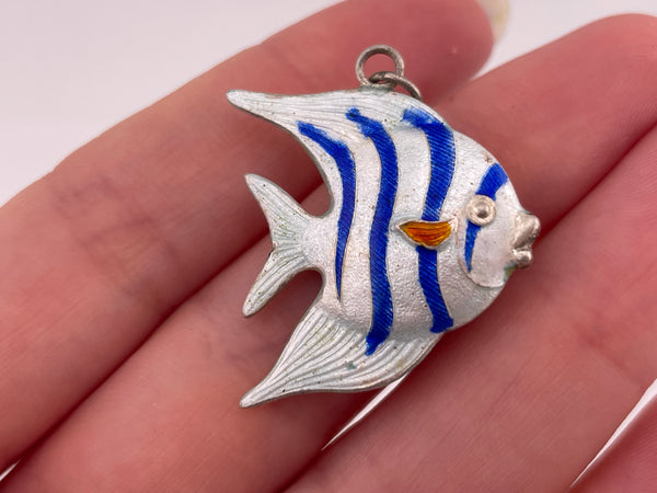 sterling silver white blue orange enamel fish pendant