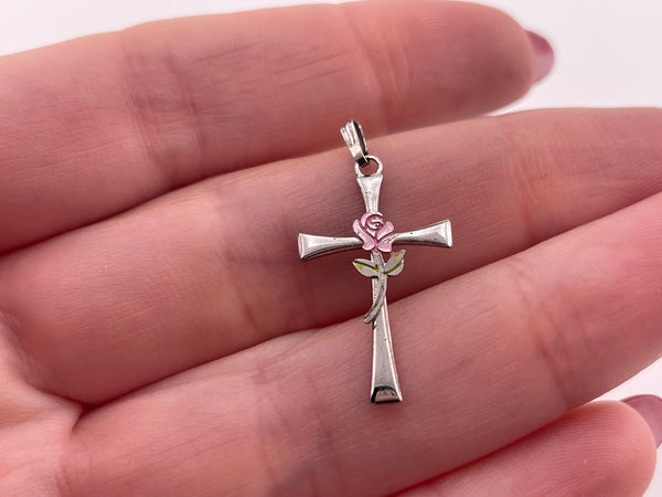 sterling silver cross rose flower pendant