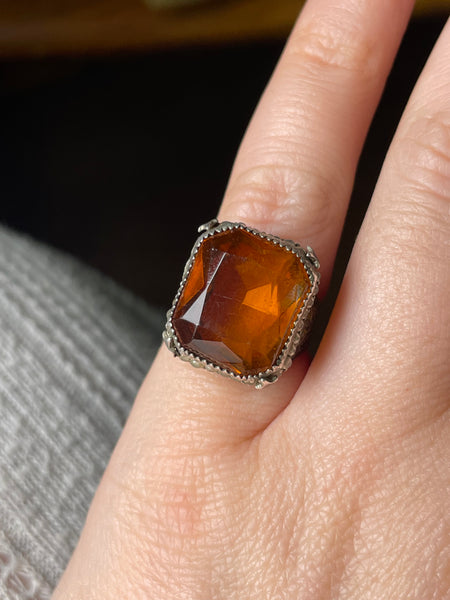 size 3.75 sterling silver faceted orange glass faux pearl ring ***AS IS***