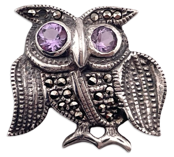 sterling silver faceted amethyst marcasite owl brooch pin ***Missing 1 Marcasite***