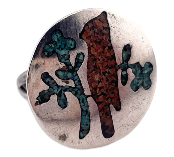 size 6.5 sterling silver crushed turquoise coral cardinal bird ring