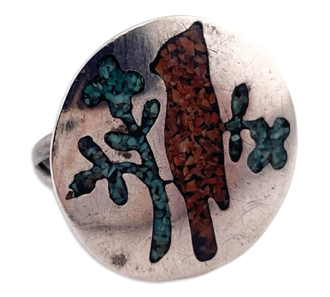 size 6.5 sterling silver crushed turquoise coral cardinal bird ring