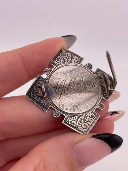 sterling silver antique 1894 'Excellence' engraved pin brooch
