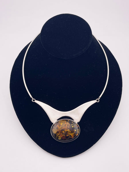 sterling silver 17-1/2" amber collar necklace