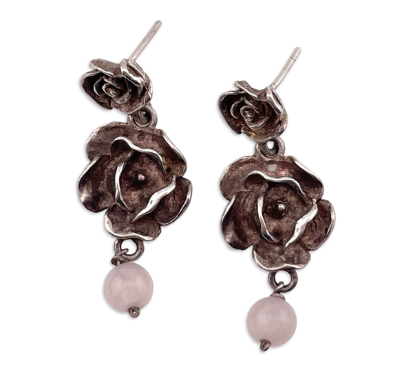 sterling silver rose quartz flower post dangle earrings