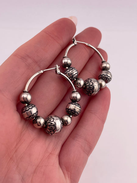 sterling silver stamped bead hoop earrings