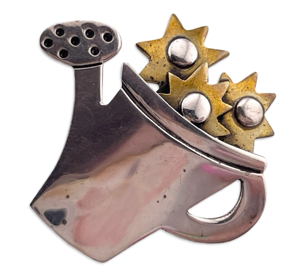 sterling silver & brass watering can flowers pin