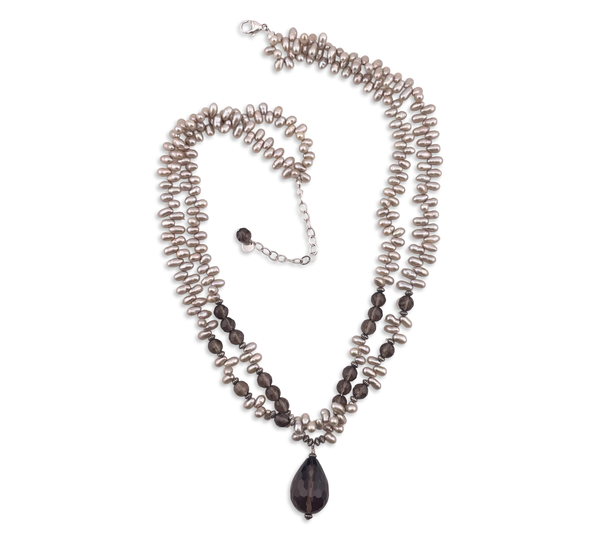 sterling silver component 17" double strand pearl faceted smoky quartz necklace