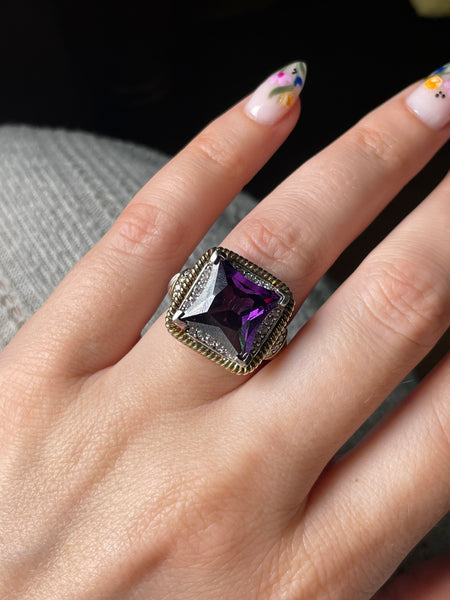 size 7 sterling silver gold wash purple white rhinestone ring